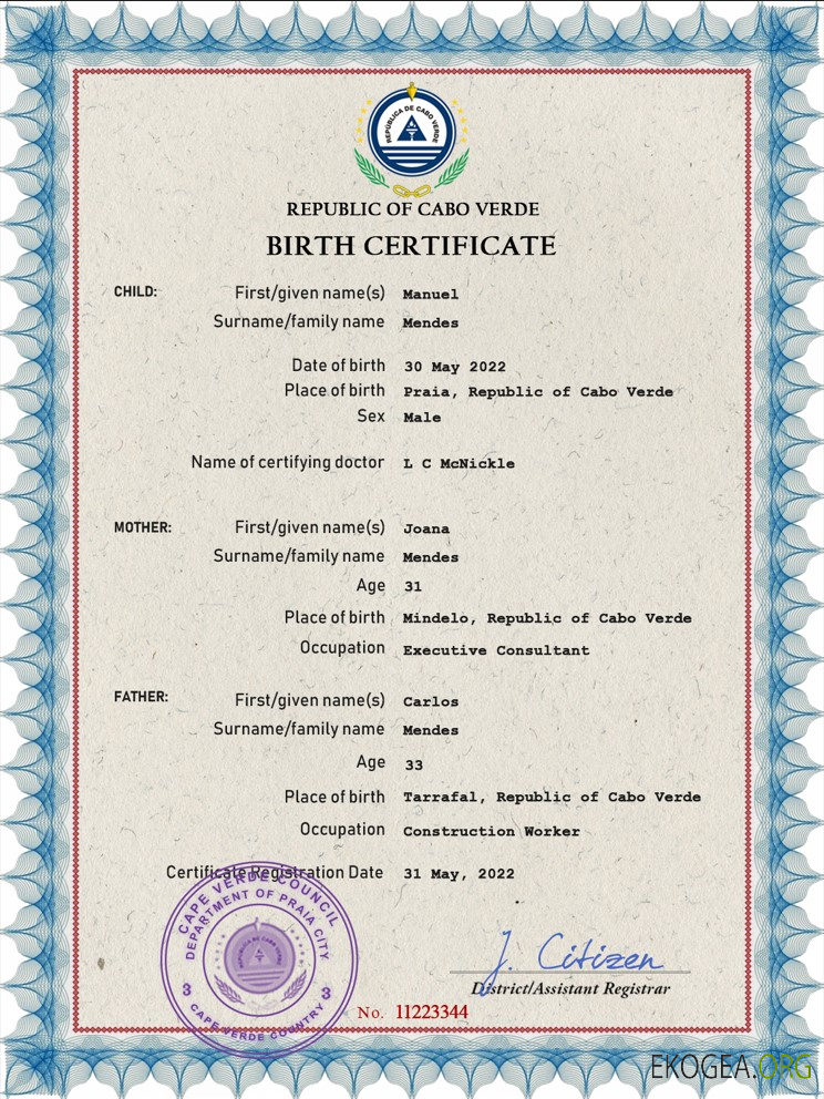 Modèle PSD de certificat de naissance de l'état civil du Cap Vert